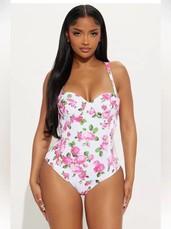 Fashion Nova White Floral One-Piece Swimsuit with Pink Roses SOLD OUT on FN! - Picture 1 of 5